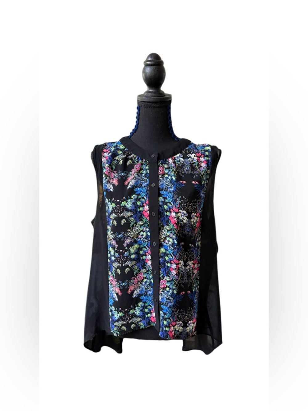 Nicole Miller: Long Black BoHo Flowy Floral Button Down Blouse